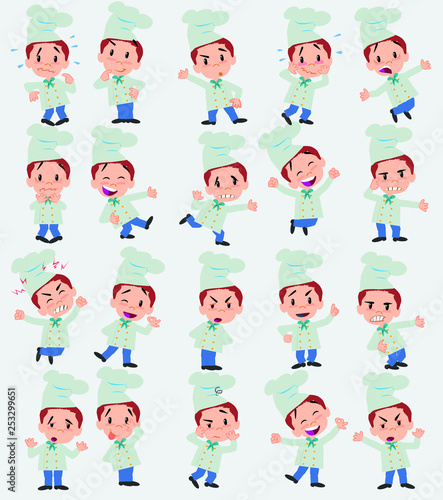 Cartoon character chef. Set with different postures, attitudes and poses, doing different activities in isolated vector illustrations.