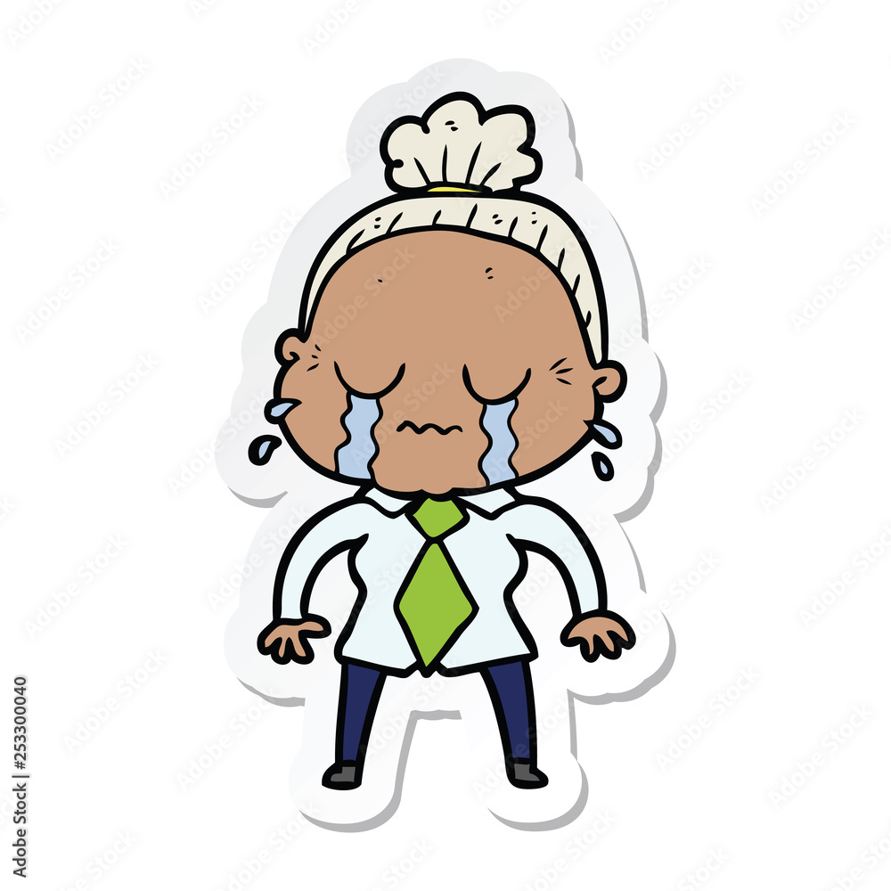sticker of a cartoon crying old lady sticker of a cartoon crying old lady