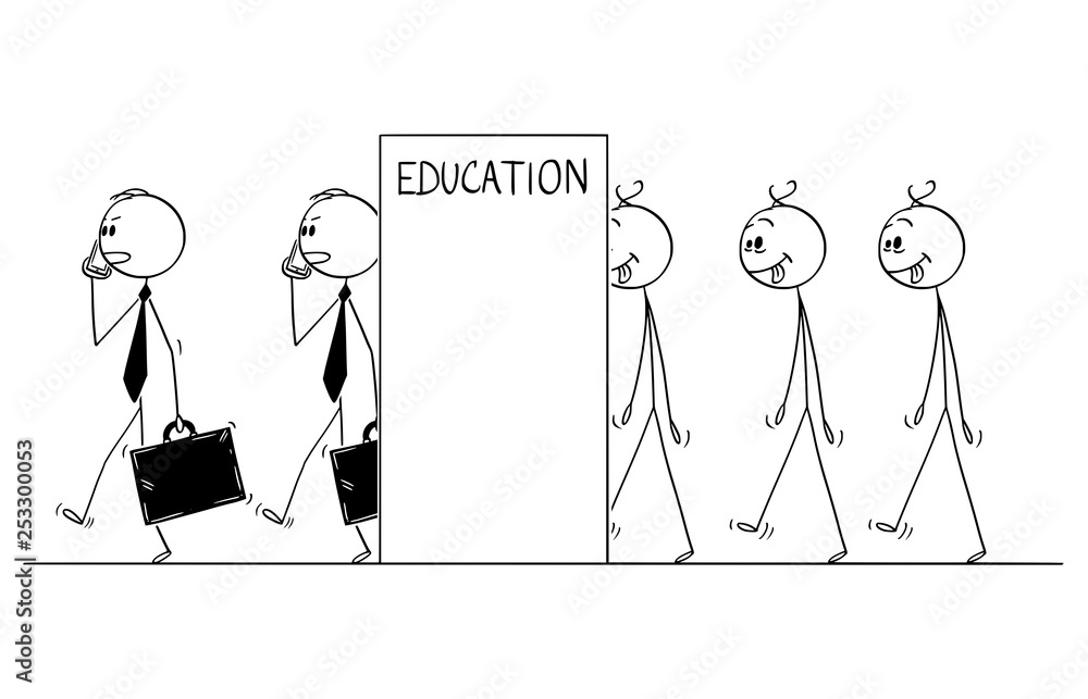 Cartoon stick figure drawing conceptual illustration of line of mad and dull men transforming in to modern businessman or gentlemen. Concept of education.