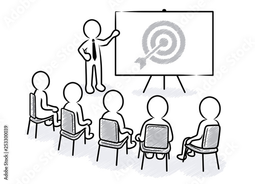 Business Präsentation: Ein Redner zeigt vor Publikum auf ein Flipchart mit einer Zielscheibe / schwarz-weiß, Vektor, Illustration