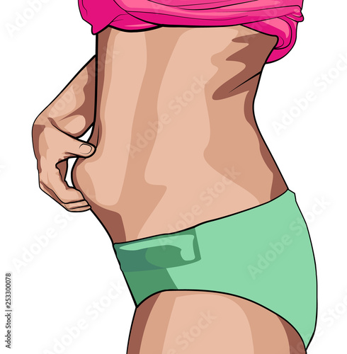 afro american women with fat belly. The girl clamps the fold