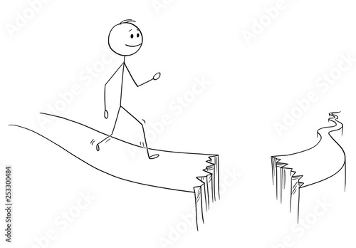 Cartoon stick figure drawing conceptual illustration of man or businessman walking on path broken by abyss. Business concept of obstacles and risk on the way.