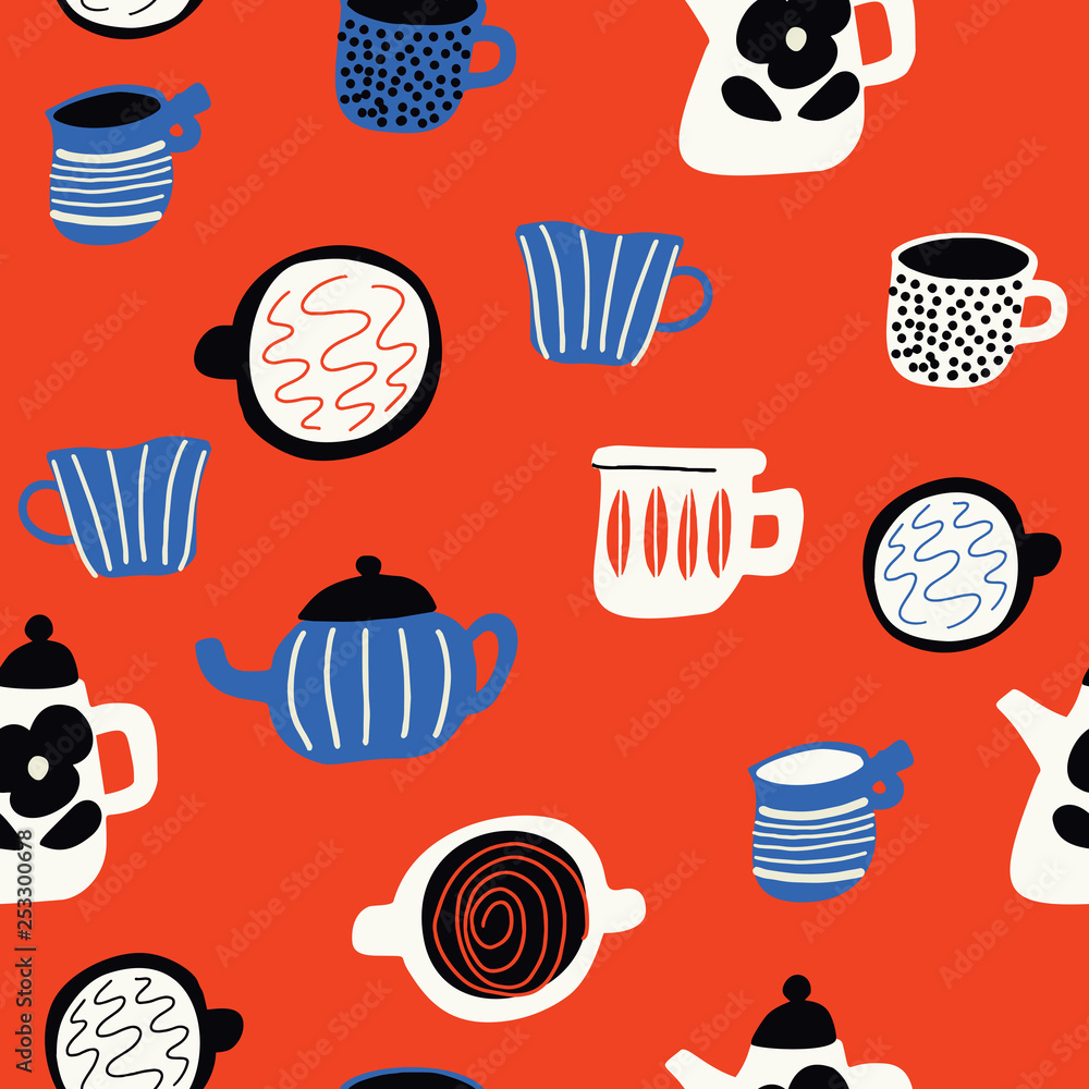 Funny doodle pattern with cups and teapots in scandinavian style. Vector seamless design. Red background.