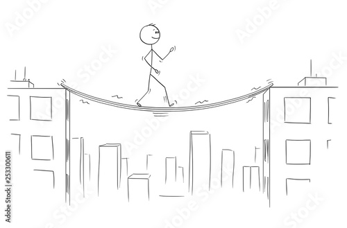 Cartoon stick figure drawing conceptual illustration of man or businessman walking between high buildings on unstable and shaky bridge.