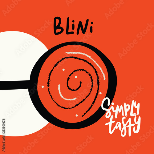 Simply tasty. Blini traditional russian pancakes. Hand drawn vector illustration. Red background.