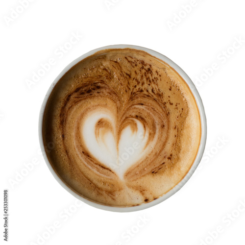 Coffee heart shape on white background.