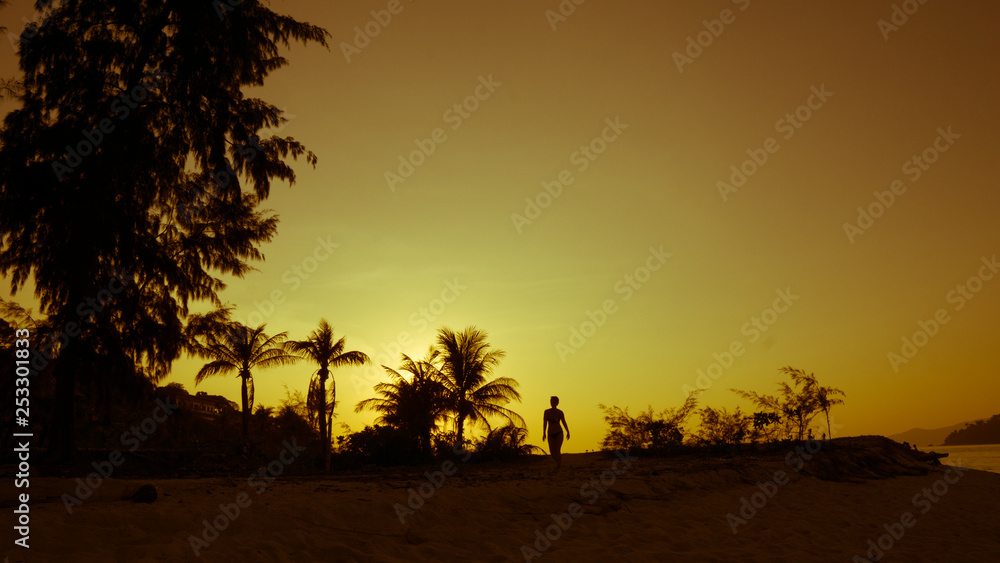 Scenery of sunset, forest of island and traveler silhouette