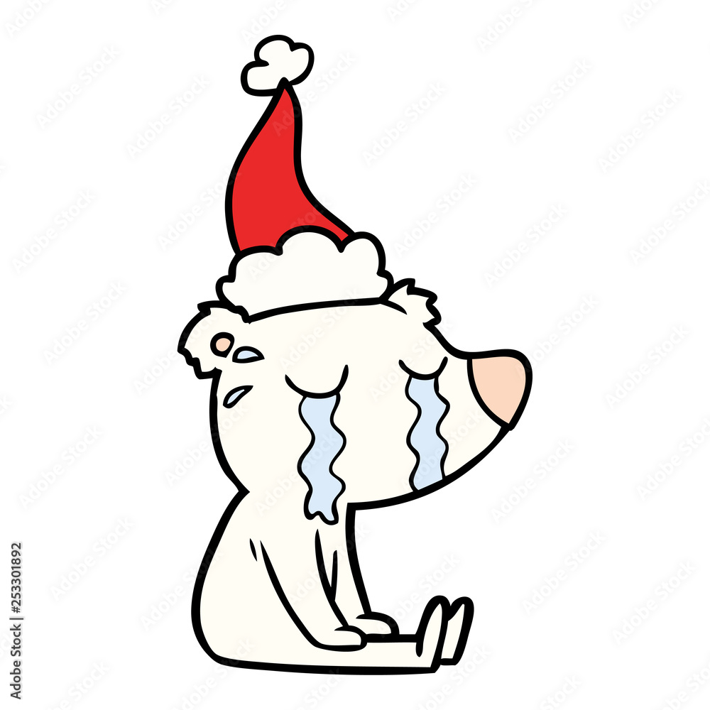 line drawing of a crying sitting polar bear wearing santa hat line drawing of a crying sitting polar bear wearing santa hat