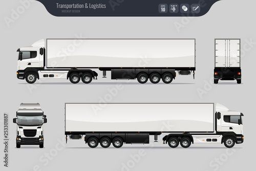 Vector template with detailed cargo truck. Isolated realistic cargo truck grey background. Vector