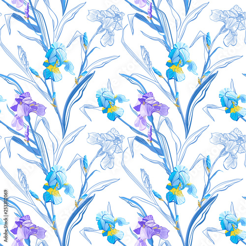 Floral seamless pattern. Flower iris background. Floral seamless texture with flowers.