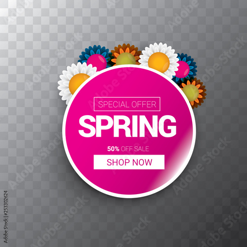vector spring sale web banner isolated on transparent background. Abstract spring sale pink label or background with beautiful flowers and text