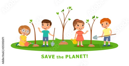 Vector cartoon scenes on environmental issues. Boys and girls for planting and watering trees.