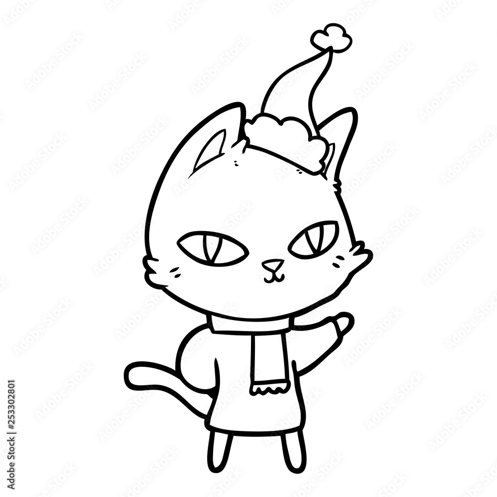 line drawing of a cat staring wearing santa hat line drawing of a cat staring wearing santa hat