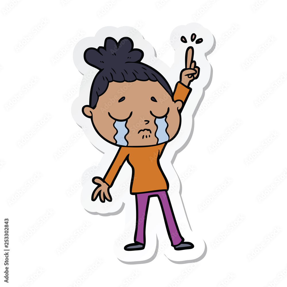 sticker of a cartoon crying woman raising hand sticker of a cartoon crying woman raising hand