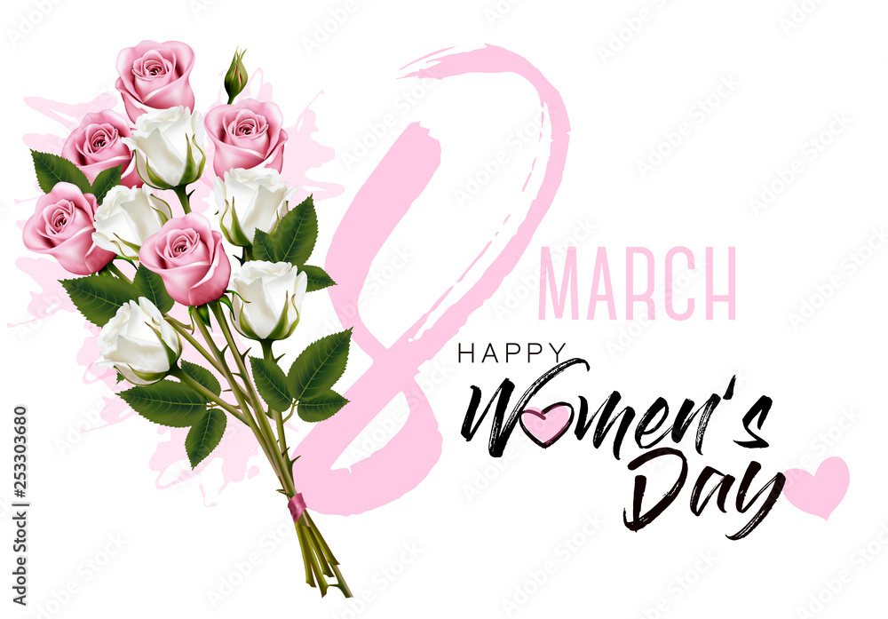 8th March illustration with colorful roses. International Women's Day. Vector.