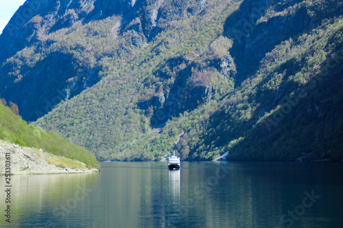 Ferry boat sailing on the fjord,Norway. Majestic landscape and nature of fjord