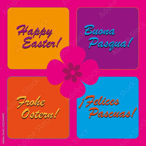 colorful happy easter greetings in four languages