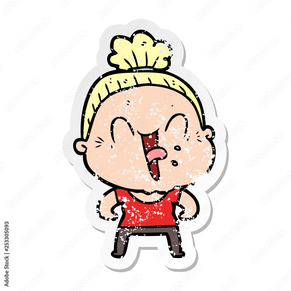 distressed sticker of a cartoon happy old woman