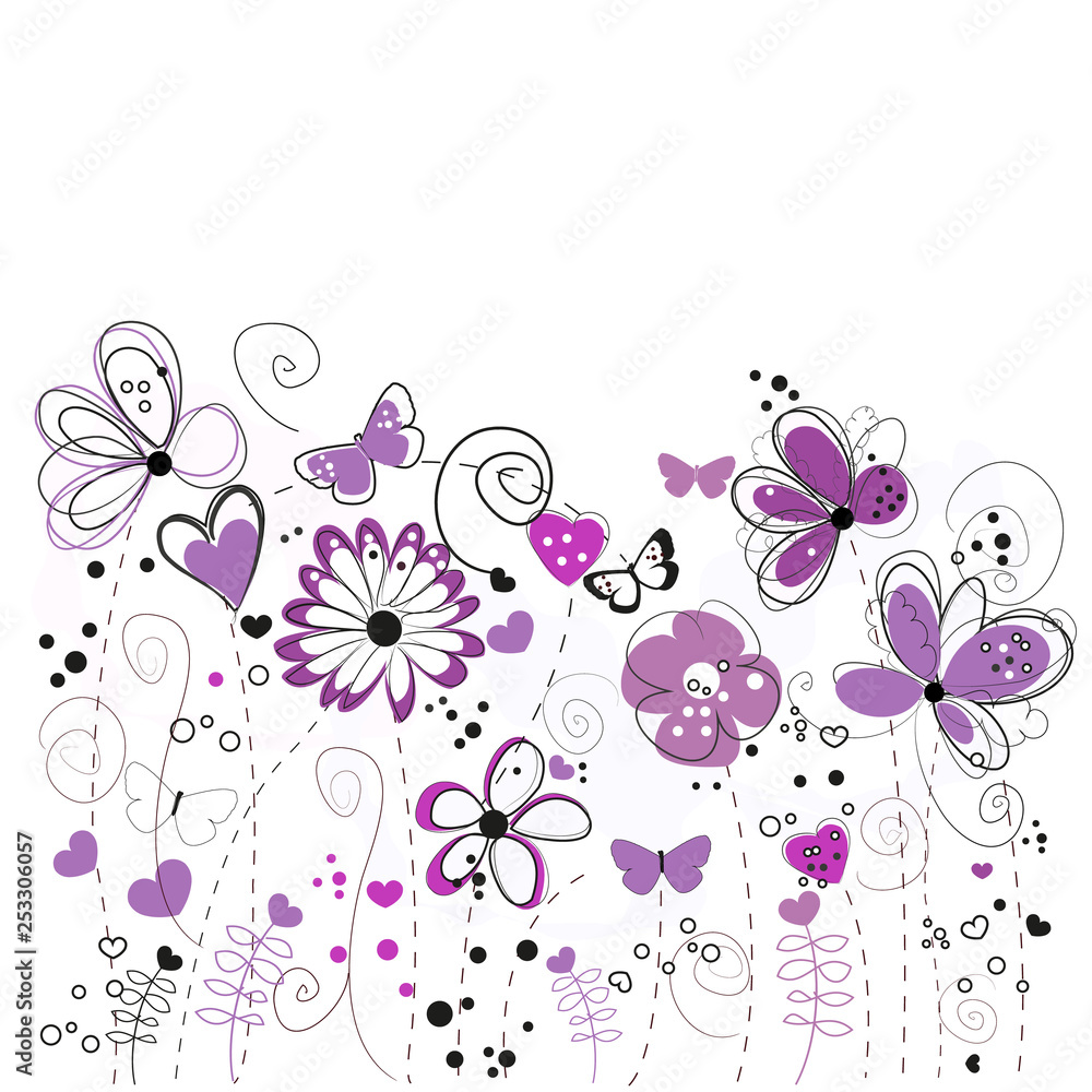 Purple and lilac decorative abstract spring flowers illustration