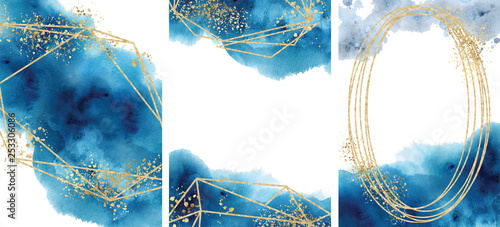 Watercolor abstract aquamarine, background, watercolour blue and gold texture Vector illustration