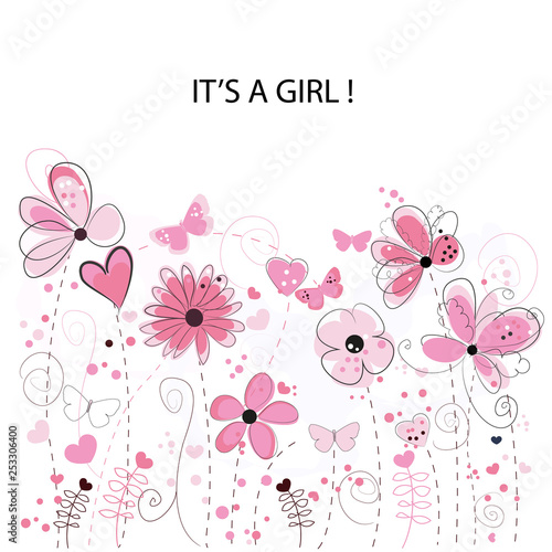 It's a girl. Baby girl. Baby shower greeting card. Floral greeting card with pink decorative abstract spring flowers