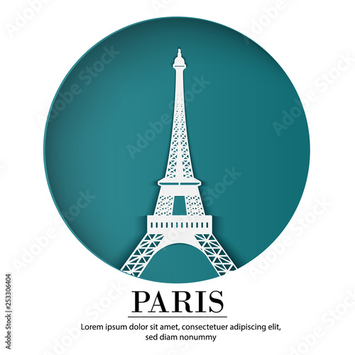 PARIS city of France in digital craft paper art. Night scene. Travel and destination landmark concept. Papercraft banner style