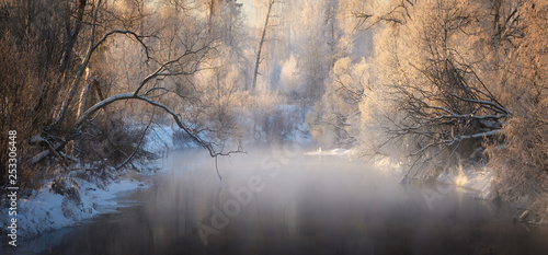 Winter landscape with river, snow-covered trees, fog and hoarfrost. Winter sunrise on river with fog. © Marina
