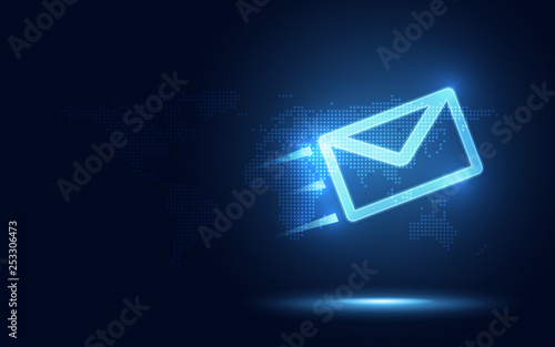 Futuristic blue express envelope and parcel abstract technology background. Business quantum internet network communication and high speed parcel delivery and email text sending message service photo