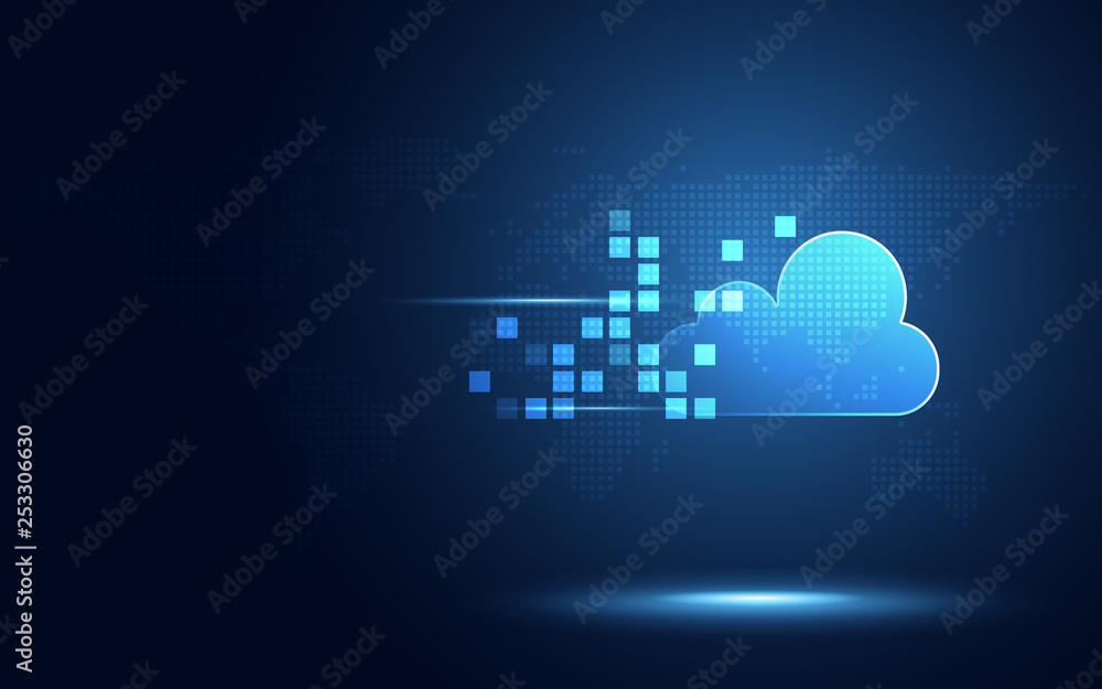 Futuristic blue cloud with pixel digital transformation abstract new technology background. Artificial intelligence and big data concept. Business industry 4.0 and 5g wifi data storage communication. Futuristic blue cloud with pixel digital transformation abstract new technology background. Artificial intelligence and big data concept. Business industry 4.0 and 5g wifi data storage communication.