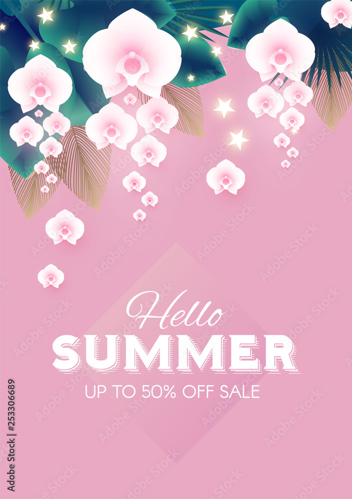 Hello, Summer Tropical Design Template with Palm Leaves and Orchid Flowers. Hello, Summer Tropical Design Template with Palm Leaves and Orchid Flowers.