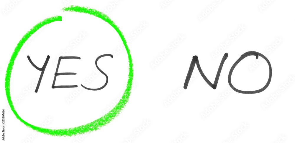 Ja oder Nein aus handschriftlichen Buchstaben mit grüner Markerung für Zustimung Ja oder Nein aus handschriftlichen Buchstaben mit grüner Markerung für Zustimung