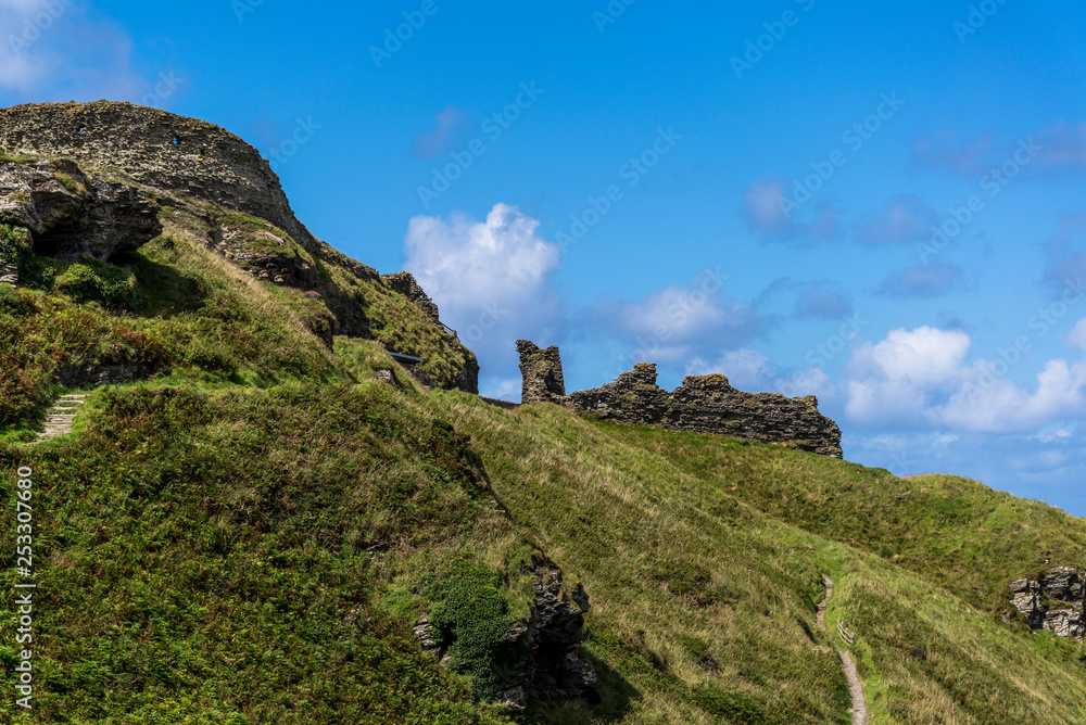 Ruins of ancient Tintagel Castle, Tintagel, a village on the north coast of Cornwall, England, UK