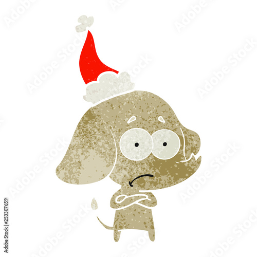 retro cartoon of a unsure elephant wearing santa hat