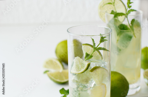 Homemade refreshing drink with  lime juice and mint