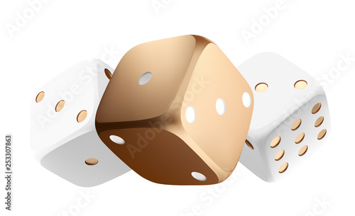 Poker dice. View of golden white dice. Casino gold dice on white background. Online casino dice gambling concept isolated on white.
