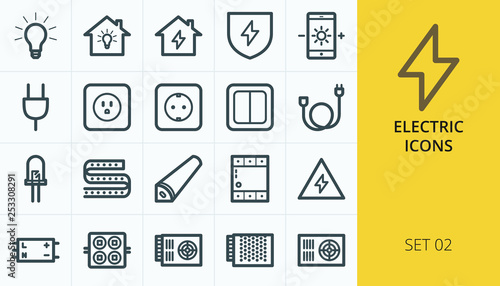 Electric icons set. Set of home electrification, electric socket, extension cable, wire, cord, led diode, power supply, diode strip vector icons