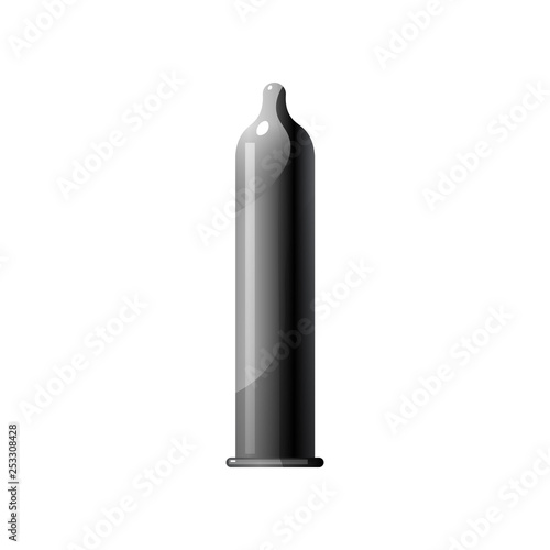 Black full sized latex condom isolated on white background