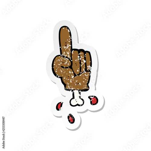 retro distressed sticker of a cartoon pointing severed hand