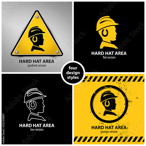 set of hard hat area symbols containing four unique design elements in different variations: gradient, flat, line and grunge style, eps10 vector illustration