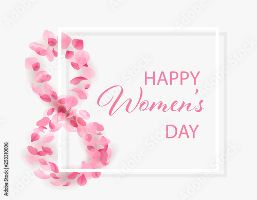  8 of March Happy Women’s Day greeting card or banner with pink realistic flying petals, frame and text, vector illustration