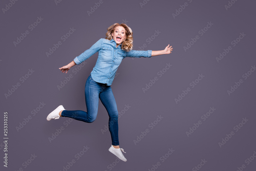 Full length body size view portrait of nice cute charming lovely attractive crazy funny cheerful cheery wavy-haired lady flying far isolated over gray purple violet pastel background