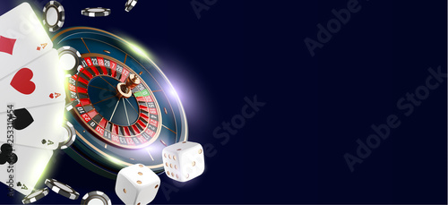 Online casino banner or flyer background. Vegas casino roulette wheel isolated on blue background. 3d realistic vector illustration. Online poker casino roulette gambling backdrop concept design.