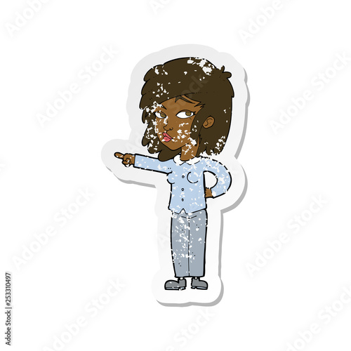 retro distressed sticker of a cartoon woman pointing
