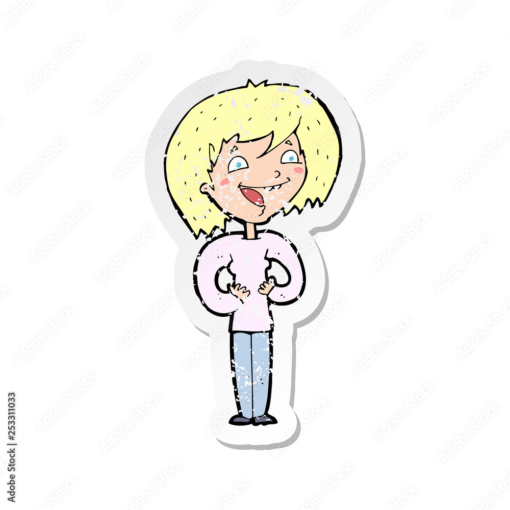 retro distressed sticker of a cartoon excited woman retro distressed sticker of a cartoon excited woman