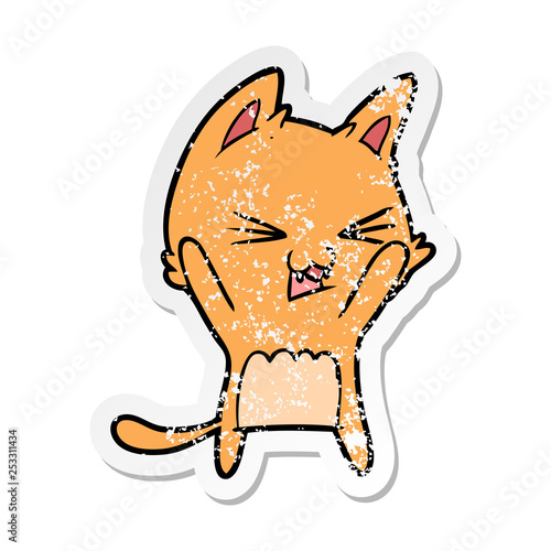 distressed sticker of a cartoon cat hissing