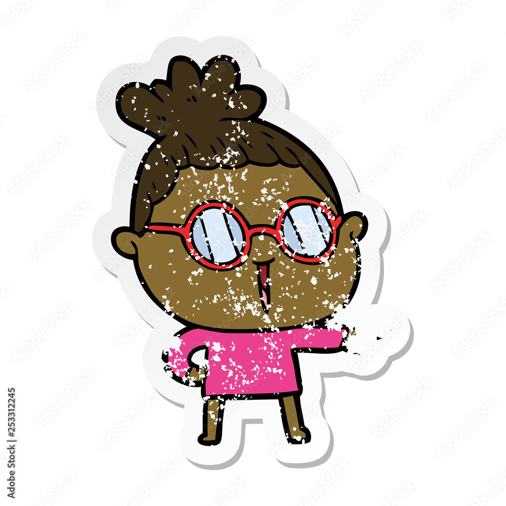 distressed sticker of a cartoon woman wearing spectacles
