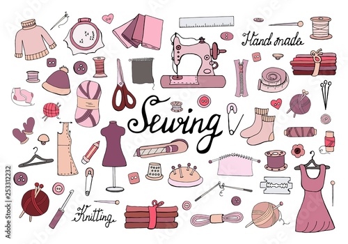 Big set of hand drawn sewing elements isolated on white background. Vector doodle sewing
