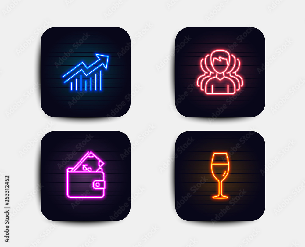 Neon glow lights. Set of Group, Wallet and Demand curve icons. Wineglass sign. Headhunting service, Usd cash, Statistical report. Burgundy glass. Neon icons. Glowing light banners. Vector Neon glow lights. Set of Group, Wallet and Demand curve icons. Wineglass sign. Headhunting service, Usd cash, Statistical report. Burgundy glass. Neon icons. Glowing light banners. Vector