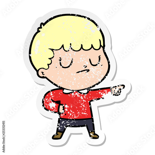 distressed sticker of a cartoon grumpy boy