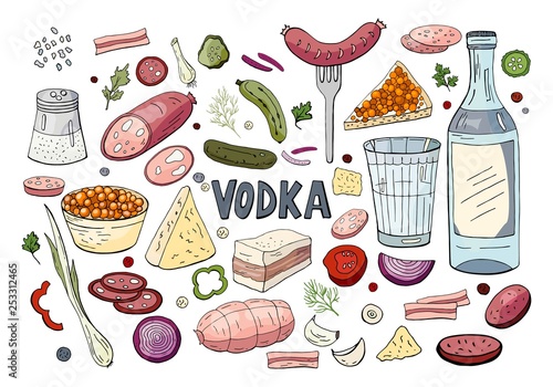 Set of hand drawn russian vodka and different food isolated on white background. Vector Russian vodka